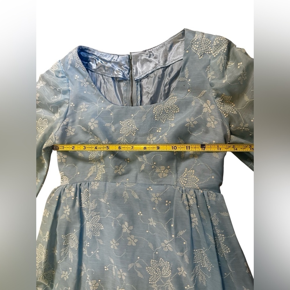 VTG 60s Handmade Blue/White Raised Design Women’s Lantern Sleeve Empire Waist XS - Picture 11 of 14